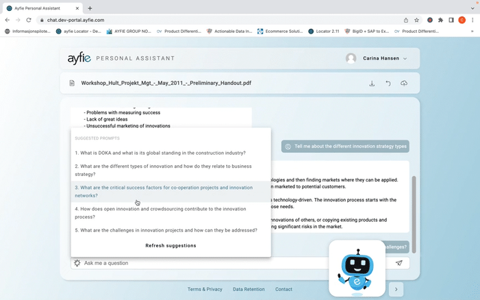 Carina Demo Ayfie PA - Upload doc with suggested prompts