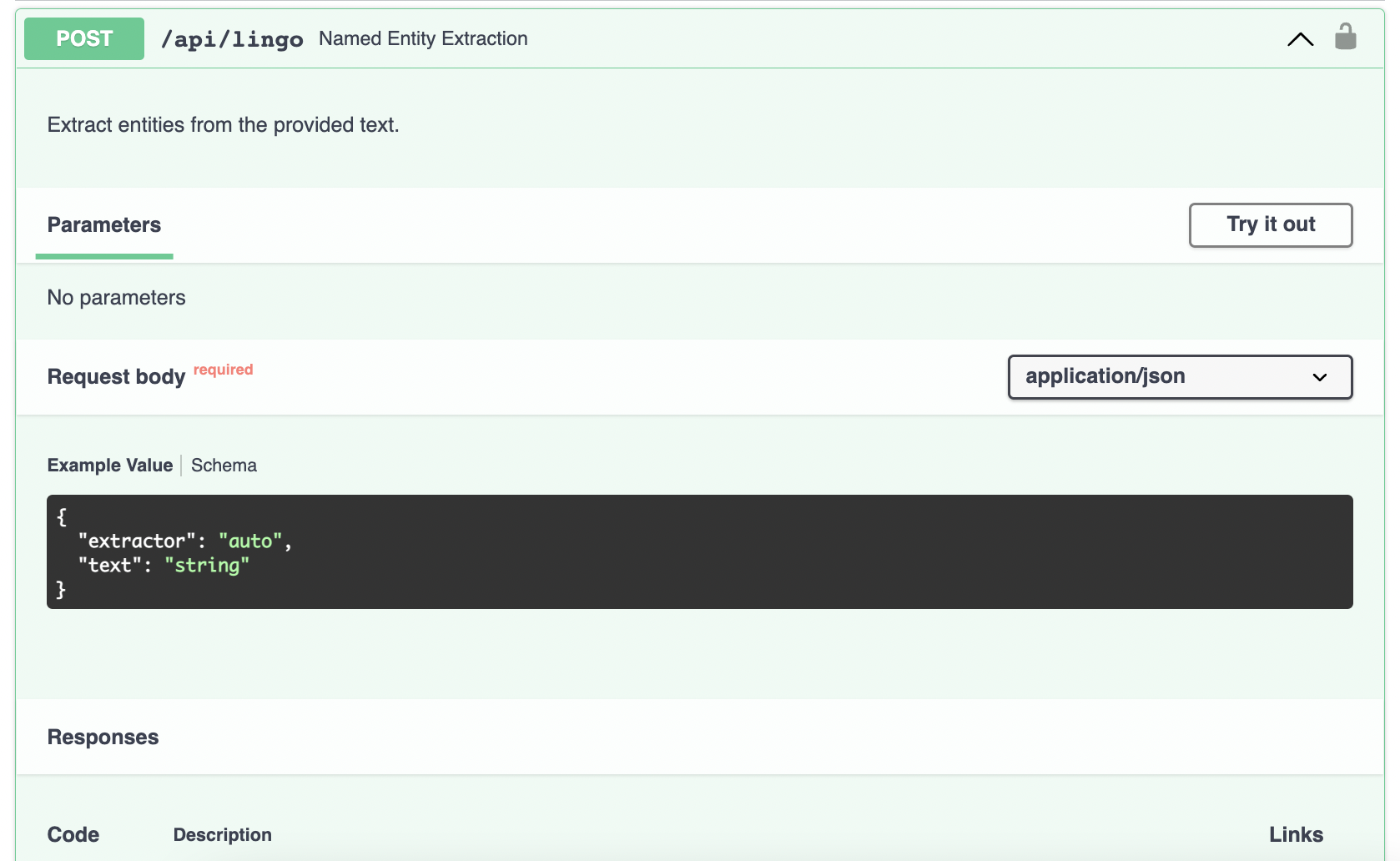 Entity Extractor Swagger screenshot