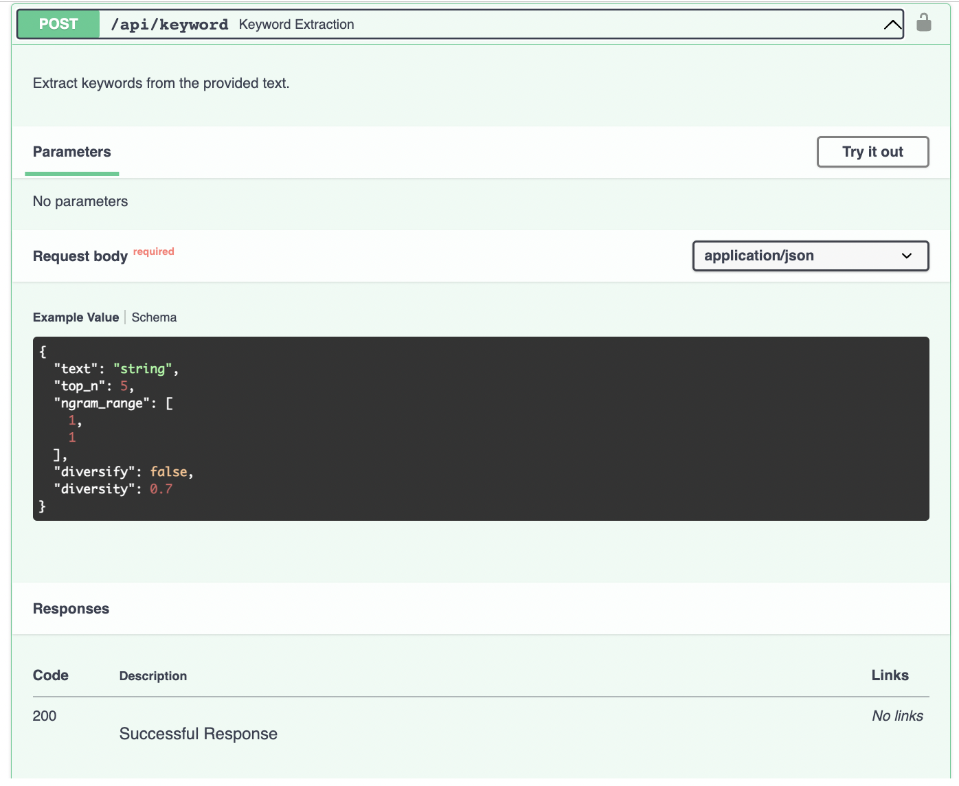 Keyword Extraction API Swagger Screenshot
