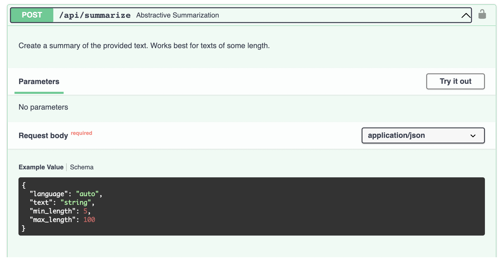 Summarizer API Swagger screenshot
