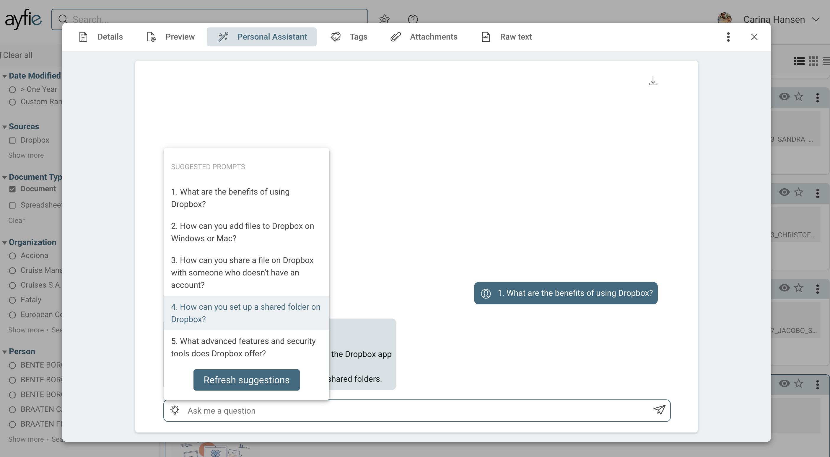 Screenshot showing prompts form the Ayfie Platform for Business fueled with the AI Personal Assistant