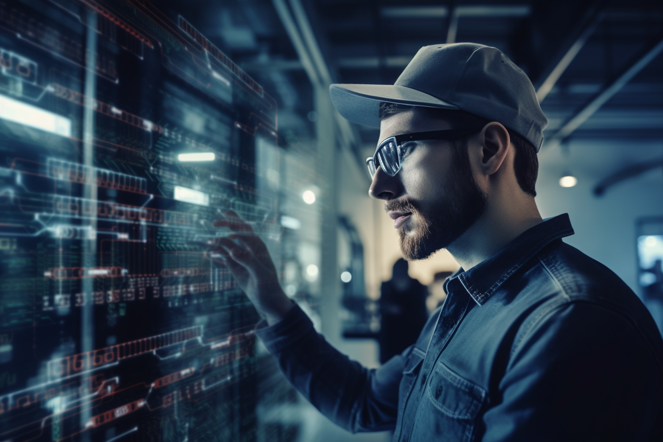 Man in hat and glasses looks at computer screen. 